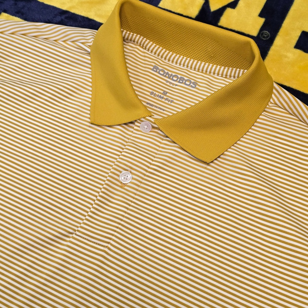 Bonobos Golf Mens‎ Slim Fit Striped Polo Shirt Mustard Yellow White Medium M